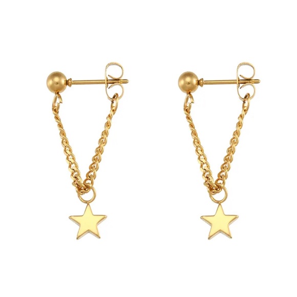 ◾️18k Gold Plated Star Charm Tassel Chain Earrings - Picture 6 of 7